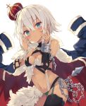  1girl :&lt; bangs black_legwear blue_eyes blush breasts chains cleavage closed_mouth coat crossed_bangs crown cuffs eyebrows_visible_through_hair fur_trim garter_straps hair_between_eyes handcuffs hands_up highres jacket_on_shoulders looking_at_viewer medium_breasts mini_crown navel nibiiro_shizuka original revealing_clothes short_hair silver_hair simple_background solo tan thigh-highs white_background 