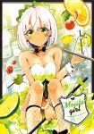  1girl azuma_aya between_legs blonde_hair blush bow bowtie bracelet breasts bunnysuit cherry cocktail comic commentary_request cover cover_page fishnet_legwear fishnets food fruit green_eyes hand_between_legs holding holding_tray jewelry lime_(fruit) looking_at_viewer medium_breasts necklace olive orange parted_lips pearl_bracelet pearl_necklace personification pineapple_slice short_hair solo stirring_rod tan translation_request tray wrist_cuffs 