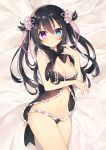  1girl ayami_(annahibi) babydoll bangs bare_shoulders bed_sheet black_hair black_panties black_ribbon blue_eyes blush bow breasts cleavage closed_mouth eyebrows_visible_through_hair frilled_panties frills gensou_no_idea hair_between_eyes hair_ornament hair_ribbon heterochromia hips large_breasts lingerie long_hair looking_at_viewer lying navel on_back on_bed original panties pink_ribbon ribbon shinomori_rinon solo thighs two_side_up underwear underwear_only violet_eyes 