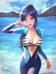  1girl 2017 :d arm_at_side arm_up artist_name bikini bikini_top blue_bodysuit blue_sky blush bodysuit breasts cleavage clouds coast collarbone cowboy_shot dated day front-tie_bikini front-tie_top highres long_hair looking_at_viewer love_live! love_live!_sunshine!! matsuura_kanan medium_breasts mountain ocean open_clothes open_mouth outdoors purple_hair purple_ribbon ribbon round_teeth shamakho shiny shiny_hair shiny_skin shore sky smile striped striped_bikini swimsuit tareme teeth unzipped water wet wet_hair wetsuit zipper 