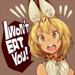  1girl animal_ears blonde_hair bow bowtie cat_ears elbow_gloves english gloves kemono_friends monster_girl open_mouth serval_(kemono_friends) short_hair simple_background solo speech_bubble suo_(sndrta2n) yellow_eyes 