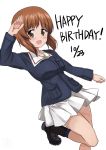  1girl ashiwara_yuu bangs black_boots black_legwear blue_jacket boots brown_eyes brown_hair dated dutch_angle english girls_und_panzer green_shirt happy_birthday highres jacket leg_up long_sleeves looking_at_viewer military military_uniform miniskirt nishizumi_miho open_mouth pleated_skirt salute shirt short_hair skirt smile socks solo standing standing_on_one_leg uniform white_skirt 