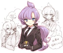  ... 1girl ahoge arrow blazer blue_eyes blush collared_shirt earphones expressions gloves hair_ribbon heart highres jacket lila_(pokemon) looking_at_viewer low_ponytail necktie pink_lips poke_ball pokemon pokemon_(game) pokemon_sm purple_hair ribbon shirt simple_background sketch smile snorlax speech_bubble text tsukigami_runa ultra_ball upper_body white_background 