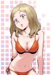  1girl :o arm_behind_back bare_arms bare_shoulders bikini blush breasts cleavage collarbone groin hoby leaning_forward light_brown_hair lips long_hair looking_at_viewer medium_breasts navel open_mouth orange_bikini pink_eyes side-tie_bikini solo swimsuit tongue 