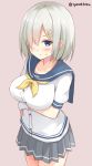  &gt;:/ 1girl arms_at_sides bangs blue_eyes blush breasts chaa_(korone-ze) closed_mouth collarbone cowboy_shot eyebrows_visible_through_hair gloves grey_background grey_hair grey_skirt hair_ornament hair_over_one_eye hairclip hamakaze_(kantai_collection) highres kantai_collection large_breasts looking_at_viewer neckerchief pleated_skirt school_uniform serafuku short_hair simple_background skirt solo standing sweatdrop twitter_username white_gloves yellow_neckerchief 