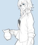  1girl asakura_noi blue_background blue_eyes breasts collared_shirt cowboy_shot expressionless izayoi_sakuya looking_at_viewer monochrome open_clothes open_shirt pitcher shirt short_hair sketch sleeves_rolled_up solo spot_color touhou undershirt 