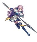  1girl aqua_eyes armor belt breastplate dress eyebrows_visible_through_hair fire_emblem fire_emblem:_rekka_no_ken fire_emblem_heroes florina full_body highres holding holding_weapon jewelry lance lavender_hair long_hair official_art open_mouth pauldrons polearm short_dress short_sleeves solo thigh-highs transparent_background weapon zettai_ryouiki 