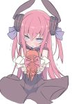  1girl blade_(galaxist) blue_eyes blush dress embarrassed fate/extra fate/extra_ccc fate/grand_order fate_(series) horns lancer_(fate/extra_ccc) long_hair pink_hair pointy_ears solo toy white_background 