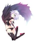  1girl ass assassin_of_black bandage bare_shoulders black_legwear black_panties breasts butt_crack cape dagger fate/apocrypha fate_(series) gloves green_eyes highres kurokuro looking_at_viewer open_mouth panties scar short_hair silver_hair solo thigh-highs underwear weapon white_background 