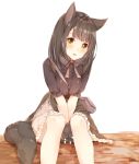  1girl animal_ears azuki_(krps-hano) bangs between_legs black_blouse black_skirt blouse blush breasts brown_hair fox_ears fox_tail frilled_skirt frills hand_between_legs highres large_breasts log looking_at_viewer original parted_lips paws simple_background sitting skirt smile solo tail v_arms white_background yellow_eyes 