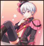  1boy arm_support beppu_akihiko binan_koukou_chikyuu_bouei-bu_love! black_border border dutch_angle epaulettes finger_to_mouth hat looking_at_viewer male_focus midriff mini_hat mini_top_hat moon_(ornament) parted_lips patterned_background pink_background red_eyes silver_hair solo thigh-highs top_hat tsuchiya_(1315444) 