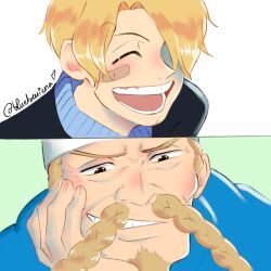  2boys ^_^ bandaid bandaid_on_face black_jacket blue_shirt blueberriena braided_mustache closed_eyes commentary curly_eyebrows facial_hair goatee hair_over_one_eye head_rest highres jacket male_focus multiple_boys mustache one_piece open_mouth red-leg_zeff sanji_(one_piece) shirt short_hair simple_background smile twitter_username white_background 