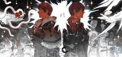  2boys adventurer_(ff14) alisaie_leveilleur alphinaud_leveilleur apple ardbert_hylfyst armor artist_request back-to-back beard_stubble blue_eyes branden_(ff14) brown_hair commission dark_knight_(final_fantasy) elpis_flower facial_hair final_fantasy final_fantasy_xiv flower food fruit highres hyur lamitt male_focus multiple_boys nyelbert own_hands_clasped own_hands_together pauldrons profile renda-rae second-party_source short_hair shoulder_armor sparkle stubble thancred_waters upper_body urianger_augurelt warrior_(final_fantasy) warrior_of_light_(ff14) watermark white_flower y&#039;shtola_rhul 