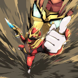  1boy absurdres arm_blade dust from_above gozyuwolf helmet highres male_focus mecha naitsupic no.1_sentai_gozyuger pointing pointing_up robot super_sentai tega_sword_red weapon 