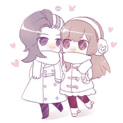  2girls animal_print arm_behind_back asymmetrical_hair atobesakunolove bangs blush brown_hair bunny_print casual chibi coat couple d.va_(overwatch) earmuffs facepaint facial_mark full_body hand_holding heart long_hair looking_at_another looking_to_the_side mole mole_under_eye multiple_girls no_nose overwatch pants scarf simple_background sketch solid_circle_eyes sombra_(overwatch) swept_bangs walking whisker_markings white_background yuri 