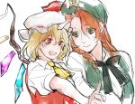  2girls asakura_noi ascot beret blonde_hair braid chinese_clothes collared_shirt flandre_scarlet green_eyes hat hat_ribbon hong_meiling index_finger_raised long_hair looking_at_another mob_cap multiple_girls neck_ribbon open_mouth orange_hair red_eyes ribbon shirt short_hair sketch smile star touhou twin_braids upper_body vest white_background wings 