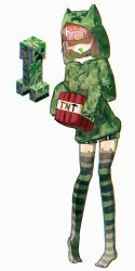  1girl absurdres animal_ear_legwear bob_cut cat_ear_legwear cosplay creeparka creeper creeper_(cosplay) explosive full_body green_hoodie green_thighhighs highres hood hoodie looking_at_viewer luolimao72605 minecraft open_mouth personification pink_hair short_hair simple_background sleeves_past_fingers sleeves_past_wrists smile solo striped_clothes striped_thighhighs thigh-highs tnt tnt_block_(minecraft) white_background 