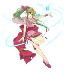  &gt;:o 1girl :o bracelet chiki dress fire_emblem fire_emblem:_mystery_of_the_emblem fire_emblem_heroes floating_object full_body green_eyes green_hair hair_ribbon highres itou_noiji jewelry long_hair long_ponytail official_art outstretched_arm pink_dress pink_ribbon pointy_ears ribbon sash short_dress simple_background sleeveless tiara transparent_background very_long_hair 