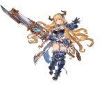  1girl armor armored_boots blonde_hair blue_eyes boots breasts full_body gauntlets granblue_fantasy holding holding_weapon horns large_breasts long_hair minaba_hideo pauldrons pleated_skirt pointy_ears razia skirt solo thigh-highs transparent_background very_long_hair weapon zettai_ryouiki 