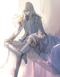  1boy 1girl aki_(neyuki41028) animal_ears ascot bench blonde_hair blue_ascot blurry borrowed_clothes caenis_(fate) cape closed_eyes closed_mouth crossed_legs dark-skinned_female dark_skin depth_of_field extra_ears fate/grand_order fate_(series) feathers frilled_sleeves frills gloves gold_trim hair_between_eyes hand_on_another&#039;s_shoulder hand_on_own_leg horse_ears injury jacket kirschtaria_wodime lap_pillow long_hair long_sleeves lying on_bench on_side open_clothes open_jacket pants shoes sitting suit unconscious vest white_cape white_feathers white_gloves white_hair white_jacket white_pants white_shoes white_suit white_vest 