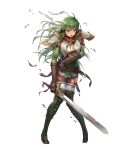  1girl armor belt boots breastplate broken broken_armor broken_weapon cuboon dress elbow_gloves fire_emblem fire_emblem:_mystery_of_the_emblem fire_emblem_heroes full_body gloves green_eyes green_hair headband highres long_hair official_art open_mouth pantyhose paola short_dress shoulder_pads solo sword thigh-highs thigh_boots torn_clothes torn_pantyhose transparent_background weapon 