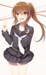  1girl :d arm_behind_back bangs beige_background black_serafuku black_skirt blush breasts brown_eyes brown_hair collarbone cowboy_shot eyebrows_visible_through_hair fumizuki_(kantai_collection) hair_between_eyes hand_up highres kantai_collection long_hair looking_at_viewer medium_breasts open_mouth ponytail school_uniform serafuku side_ponytail skirt smile solo sudale thighs v 