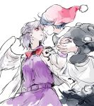  2girls asakura_noi belt blue_eyes blue_hair breasts capelet collared_shirt doremy_sweet face-to-face hand_holding hat incipient_kiss jacket kishin_sagume multiple_girls necktie nightcap pom_pom_(clothes) red_eyes shirt short_hair silver_hair single_wing sketch skirt touhou upper_body white_background wings yuri 