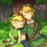 2boys :3 blonde_hair closed_eyes drooling forest grass link lowres male_focus multiple_boys musical_note nature pointy_ears sitting sleeping the_legend_of_zelda the_legend_of_zelda:_skyward_sword the_legend_of_zelda:_the_wind_waker tree tunic wusagi2 
