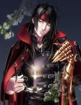  1boy belt black_hair candle cape final_fantasy final_fantasy_vii flower gauntlets headband highres long_hair male_focus multiple_belts red_eyes solo vincent_valentine yonesuke 