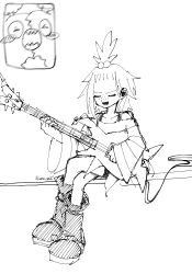  &gt;_&lt; 1girl bass_guitar blush blush_stickers boots cable closed_eyes fan_screaming_at_madison_beer_(meme) freckles garbodor greyscale hair_bobbles hair_ornament hatching_(texture) highres holding holding_bass_guitar holding_instrument instrument meme monochrome music open_mouth playing_bass_guitar playing_instrument pokemon pokemon_(creature) pokemon_bw2 roxie_(pokemon) runa_(luna_naut) sharp_teeth short_hair simple_background sitting smile teeth topknot twitter_username 