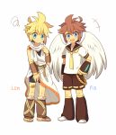  2boys :/ angel_wings aqua_eyes blonde_hair blue_eyes brown_hair cosplay costume_switch crossover hand_on_hip headset kagamine_len kagamine_len_(cosplay) kid_icarus male_focus multiple_boys open_mouth pit_(kid_icarus) pit_(kid_icarus)_(cosplay) robe sailor_collar sandals shorts smile vocaloid wings wusagi2 
