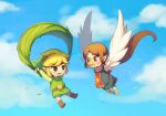  1boy 1girl :3 :d beak belt bird_girl black_eyes blonde_hair blue_sky blush_stickers boots brown_boots brown_hair clouds dress eye_contact full_body green_clothes green_hat harpy hat highres leaf link long_hair looking_at_another medli monster_girl nintendo open_mouth parachute pointy_ears ponytail red_eyes short_hair sky sleeveless sleeveless_dress smile the_legend_of_zelda the_legend_of_zelda:_the_wind_waker toon_link wings wusagi2 