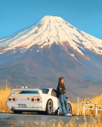  1girl bird black_sweater blue_pants brown_hair car crossed_arms denim english_commentary hair_behind_ear highres jeans long_hair motor_vehicle mount_fuji nissan nissan_skyline nissan_skyline_gt-r nissan_skyline_r32 original pants sam_yang scenery shoes sneakers spoiler_(automobile) sports_car sweater white_car white_shoes 