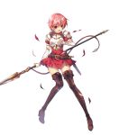  1girl armor belt boots breastplate broken_armor dress elbow_gloves est fingerless_gloves fire_emblem fire_emblem:_mystery_of_the_emblem fire_emblem_heroes full_body gloves headband highres miwabe_sakura official_art open_mouth pink_hair pink_legwear red_eyes short_dress short_hair shoulder_pads solo sword thigh-highs thigh_boots torn_clothes transparent_background weapon zettai_ryouiki 