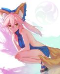 1girl animal_ear_fluff animal_ears backless_outfit bangs bare_back bare_shoulders blue_bow blue_sweater blush bow breasts closed_mouth dress dutch_angle eyebrows_visible_through_hair fang_out fate/extra fate_(series) fox_ears fox_girl fox_tail hair_between_eyes hair_bow halterneck high_heels highres large_bow legs_together long_hair looking_at_viewer maru_(maru1625) naked_sweater no_bra open-back_dress pink_hair ribbed_sweater sandals sideboob smile solo squatting sweater sweater_dress tail tamamo_(fate)_(all) tamamo_no_mae_(fate) thighs turtleneck turtleneck_sweater virgin_killer_sweater yellow_eyes