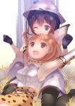  2girls :d ;d akesaka_iku animal_ears armpits arms_up bag bare_shoulders belt black_eyes black_gloves black_hair black_legwear blonde_hair bow bowtie breasts cat_ears center_frills elbow_gloves gloves grass hat kemono_friends looking_at_another lying lying_on_person multiple_girls nature on_back one_eye_closed open_mouth outdoors park_guide safari_hat serval_(kemono_friends) shirt short_hair sitting skirt sleeveless sleeveless_shirt small_breasts smile tree wariza white_shirt yellow_eyes 
