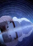  1girl 3: aa_(sin2324) bangs brown_eyes brown_hair closed_mouth dress dutch_angle highres looking_to_the_side lying on_stomach original reflection ripples sky solo spiral star_(sky) starry_sky tears white_dress 
