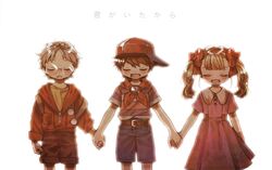  1girl 2boys ana_(mother) blonde_hair brown_hair closed_eyes dress glasses hair_ribbon hand_holding haren hood hoodie loid mother_(game) mother_1 multiple_boys music neckerchief ninten open_mouth pink_dress ribbon shirt shirt_tucked_in shorts sideways_hat singing smile striped striped_shirt translation_request twintails 