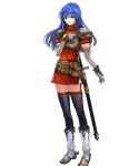  1girl armor belt blue_eyes blue_hair boots breastplate dress elbow_gloves fire_emblem fire_emblem:_mystery_of_the_emblem fire_emblem_heroes full_body gloves hand_on_own_chest highres knee_boots long_hair looking_at_viewer official_art pauldrons sheeda short_dress short_sleeves skirt smile solo standing sword thigh-highs transparent_background weapon zettai_ryouiki 