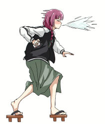  1girl alcohol_carton black_jacket black_nails blush bocchi_the_rock! bow closed_eyes dress drinking_straw fighting_game fingernails from_side full_body geta green_bow green_dress hair_bow hair_over_shoulder heel_up hiroi_kikuri hokuto_no_ken hokuto_no_ken:_shinpan_no_sousousei_kengou_retsuden holding_carton jacket jagi long_hair long_sleeves low-braided_long_hair low-tied_long_hair medium_dress multicolored_jacket nail_polish open_clothes open_jacket pink_hair simple_background solo spit_take spitting too_many_watermarks torako_(toramaru) twitter_username two-tone_jacket v-shaped_eyebrows watermark white_background white_jacket 
