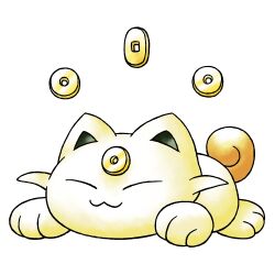  :3 brown_tail cat closed_eyes closed_mouth coin curled_tail full_body happy holed_coin koonya_(baby_meowth) lying no_humans no_nose official_style on_stomach pokemon pokemon_focus pokemon_gsc pokemon_gsc_(prototype) raciebeep short_tail simple_background solo sugimori_ken_(style) tachi-e tail transparent_background watercolor_effect white_fur 
