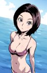  1girl :&lt; bikini black_hair blue_sky breasts cleavage clouds cloudy_sky collarbone day eyelashes forehead groin hoby medium_breasts navel ocean original outdoors polka_dot polka_dot_bikini purple_bikini sky solo standing swimsuit violet_eyes water 