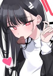  1girl black_hair black_halo black_jacket blazer blue_archive blush commentary_request food_in_mouth hair_ornament hairpin halo highres ichiki_1 jacket long_hair long_sleeves looking_at_viewer mouth_hold red_eyes rio_(blue_archive) simple_background solo sweater turtleneck turtleneck_sweater upper_body white_background white_sweater 