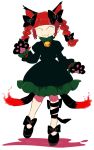  1girl :3 animal_ears bell black_ribbon black_shoes braid cat_ears cat_paws cat_tail closed_eyes commentary_request dress facing_viewer fire full_body furukawa_(yomawari) green_dress highres kaenbyou_rin mary_janes multiple_tails paws redhead ribbon shoes solo tail touhou twin_braids two_tails 