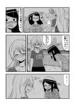  2girls ? bowing casual comic greyscale hat highres long_hair looking_at_another mochi_au_lait monochrome multiple_girls original rain riverbank shirt smile spoken_question_mark sweat t-shirt 