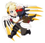  1boy 1girl absurdres artist_request face_mask gloves highres jacket long_hair mask mechanical_halo mechanical_wings mercy_(overwatch) overwatch scar short_hair soldier:_76_(overwatch) swiss_flag visor white_hair wings yellow_wings 