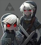  2boys black_sclera dark_link dark_persona earrings evil_grin evil_smile grin hat holding holding_shield holding_sword holding_weapon jewelry link male_focus master_sword multiple_boys pointy_ears pouch red_eyes shield smile sword the_legend_of_zelda the_legend_of_zelda:_skyward_sword the_legend_of_zelda:_the_wind_waker toon_link triforce tunic weapon white_hair wusagi2 