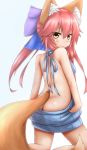 1girl animal_ear_fluff animal_ears ass backless_outfit butt_crack dress fate/extra fate_(series) fox_ears highres horokusa_(korai) looking_at_viewer looking_back meme_attire naked_sweater no_bra no_panties open-back_dress pink_hair solo sweater tail tamamo_(fate)_(all) tamamo_no_mae_(fate) turtleneck turtleneck_sweater virgin_killer_sweater yellow_eyes