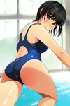  1girl ass bare_arms bare_shoulders black_hair blue_swimsuit blush breasts closed_mouth competition_swimsuit cowboy_shot from_behind green_eyes highres indoors leg_up looking_back matsunaga_kouyou medium_breasts one-piece_swimsuit original pool rei_no_pool running shiny shiny_skin skin_tight solo swimsuit thighs water water_drop wet wet_hair 
