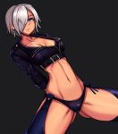  1girl angel_(kof) arms_behind_back black_panties blue_eyes breasts chaps cleavage clyde_s cropped_jacket gloves gluteal_fold hair_over_one_eye highres large_breasts midriff navel panties short_hair silver_hair slender_waist solo the_king_of_fighters thigh-highs thighs underwear 